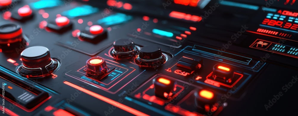 Poster a close-up view of a futuristic control panel with glowing buttons and vibrant lights, showcasing a 