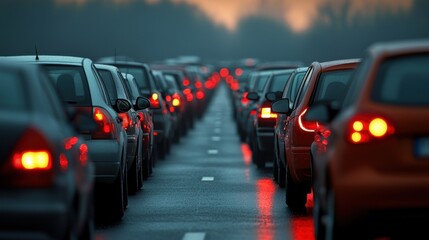 Fototapeta premium Traffic Jam with Glowing Red Brake Lights