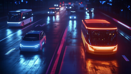 Fototapeta premium Futuristic urban scene with self driving vehicles on busy road
