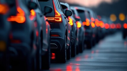 Cars in Traffic Jam with Glowing Red Brake Lights