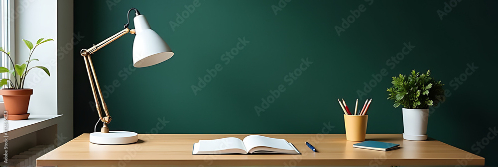 Aufkleber student workspace idea features a desk lamp, stationery and chalkboard background for a perfect stud