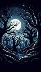 Fototapeta premium Pixel art illustration of A full moon shines through the branches of gnarled trees in a dark and mysterious forest