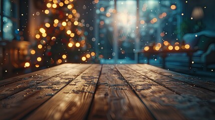 Empty woooden table top with abstract warm living room decor with christmas tree string light blur background with snow