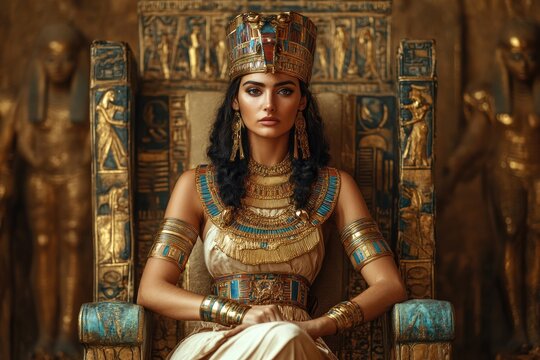 Majestic egyptian queen sitting on golden throne wearing gold jewelry