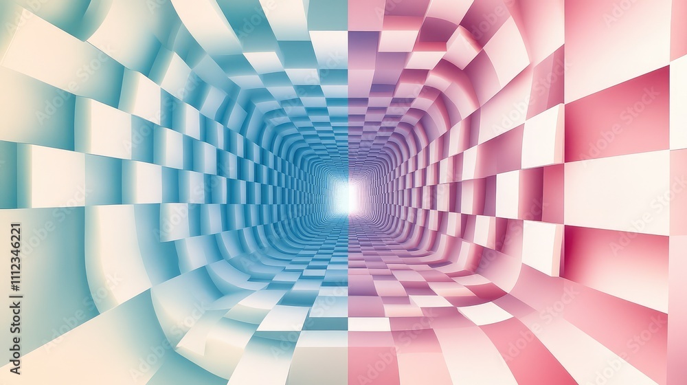 Poster a pixelated illusion art design with staggered squares that shift and distort, creating a mesmerizin