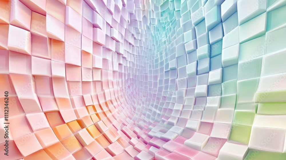 Poster a pixelated illusion art design with staggered squares that shift and distort, creating a mesmerizin