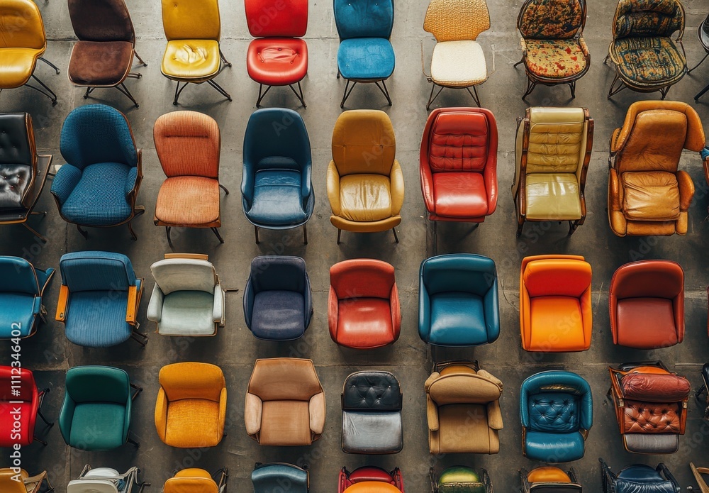 Aufkleber a vibrant collection of retro and modern chairs in various colors and styles arranged in a grid patt