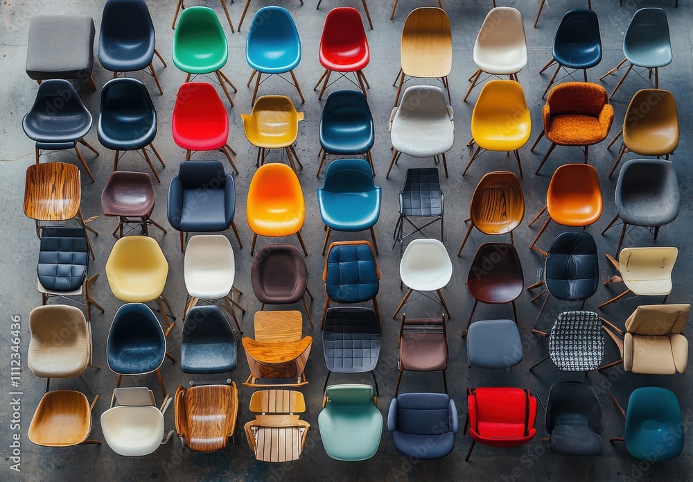 Aufkleber a vibrant collection of stylish chairs displayed in an artistic array showcasing diverse colors, des