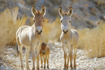 Obraz premium Family of wild asses standing in a desert landscape