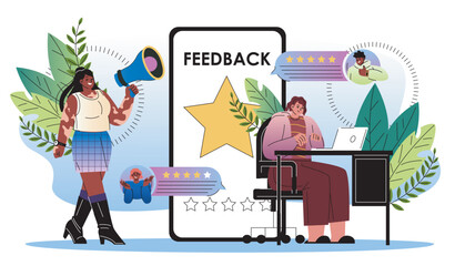 Customer website feedback. Women reads comments with ratings. Opinion of users on Internet. Reviews in social networks. Flat vector illustration
