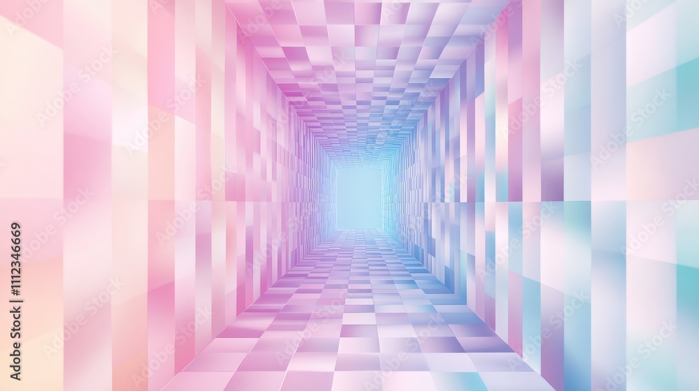 Poster a pixelated illusion art design with staggered squares that shift and distort, creating a mesmerizin