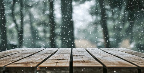 Snowy Wooden Table Against Blurred Winter Landscape Scene