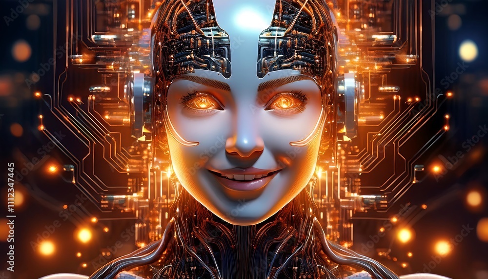 Poster smiling robot face integrated into a circuit board, glowing orange, represents artificial intelligen