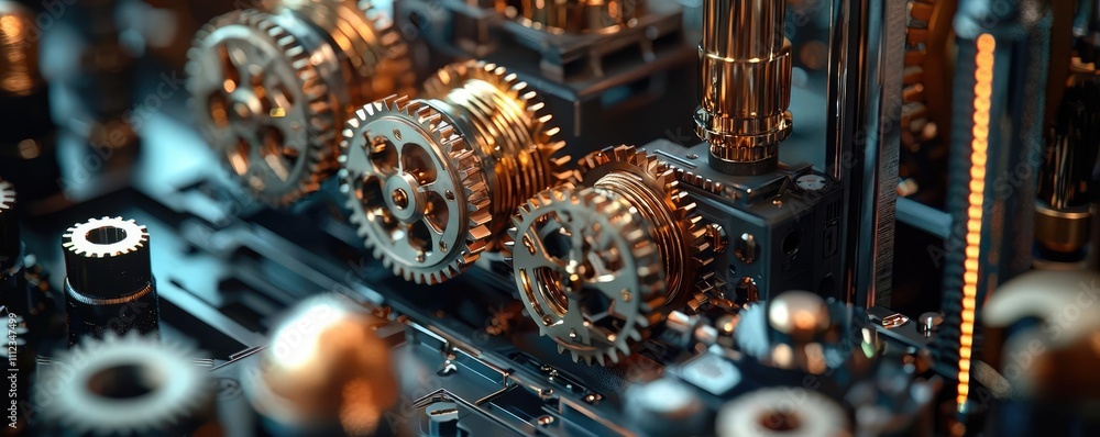 Poster close-up of intricate gears in mechanical assembly, showcasing precision engineering.