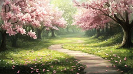 Naklejka premium A serene pathway meanders through a blooming cherry blossom forest, inviting tranquility and reflection.