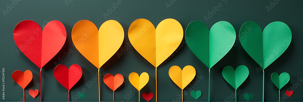 Poster red, yellow, and green paper hearts in vibrant vertical display create a visual theme of unity and l