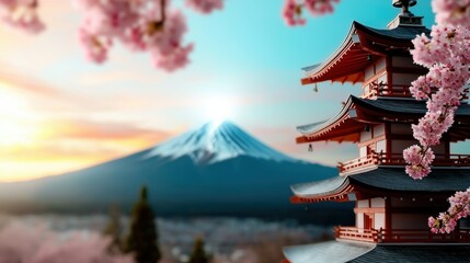 Scenic View of Chureito Pagoda with Cherry Blossoms