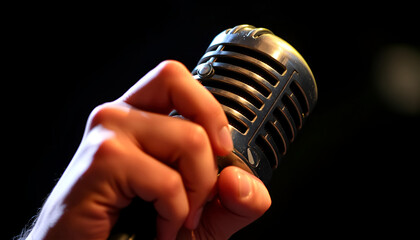 Close-up of a vintage microphone with a performer&rsquo;s hand gripping it, dramatic lighting highlighting the microphone&rsquo;s metallic sheen.