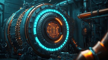 Futuristic machine with glowing elements in a dimly lit industrial environment.