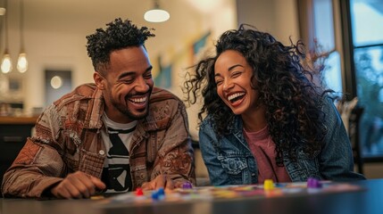 A couple laughing while playing a board game in their living room, showcasing a fun and homey lifestyle.