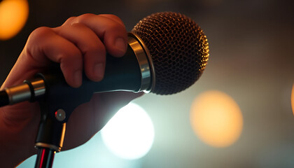 Close-up of a vintage microphone with a performer&rsquo;s hand gripping it, dramatic lighting highlighting the microphone&rsquo;s metallic sheen.