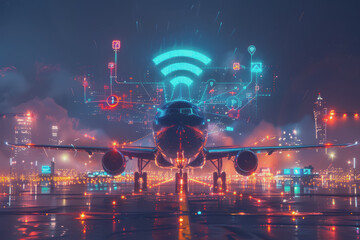 Futuristic aircraft with Wi-Fi symbol and device connection cables.