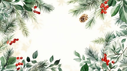 Botanical Christmas background, holiday design in watercolor & glitter