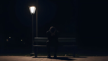 A person sitting alone on a bench under a streetlamp at night, their face buried in their hands, symbolizing loneliness and sorrow.