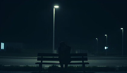 A person sitting alone on a bench under a streetlamp at night, their face buried in their hands, symbolizing loneliness and sorrow.