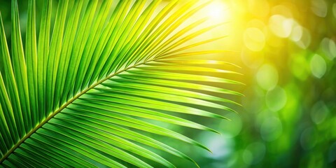 Obraz premium Tropical palm leaf against vibrant green nature background, palm leaf, tropical, green, nature, plant, jungle, lush