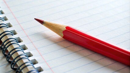 Bright red pencil laying over blank notebook page in close up , red, pencil, notebook, blank, page