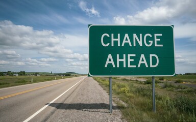 Green sign board with 'change ahead' in middle of two roads with one damaged side and other beautiful side. Select new plan or path, transform, opportunity, determination concepts.