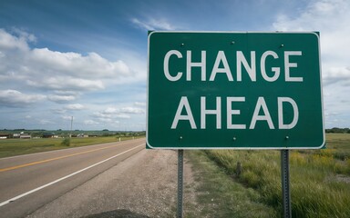 Green sign board with 'change ahead' in middle of two roads with one damaged side and other beautiful side. Select new plan or path, transform, opportunity, determination concepts.