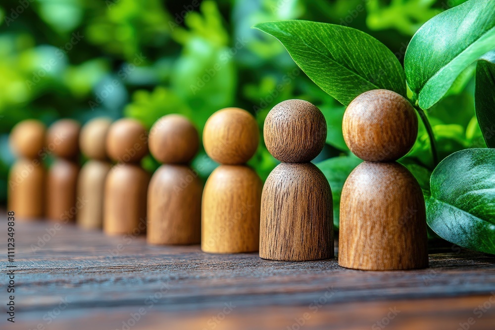 Poster wooden figurines aligned with greenery on rustic wooden surface representing teamwork and collaborat