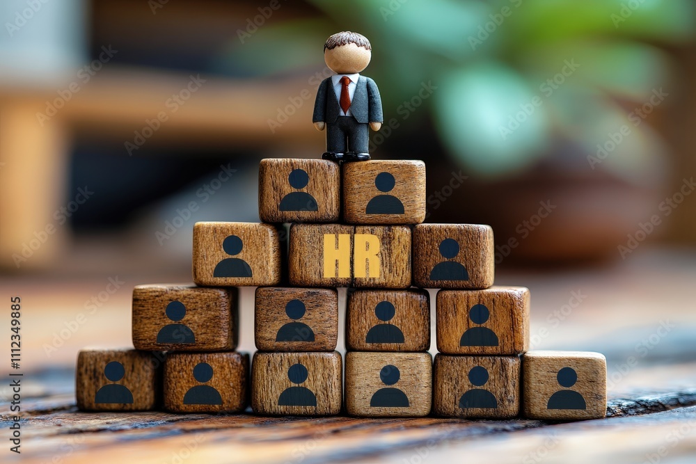 Poster concept of human resources management with wooden blocks and figurine representing leadership and te