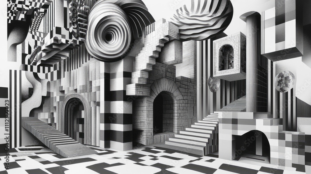 Poster a pixelated illusion art piece with geometric shapes that create a 3d-like visual effect in black an