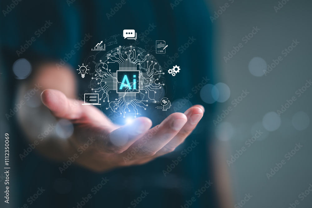 Poster ai tech, businessman show virtual graphic global internet connect chatbot chat with ai, artificial i