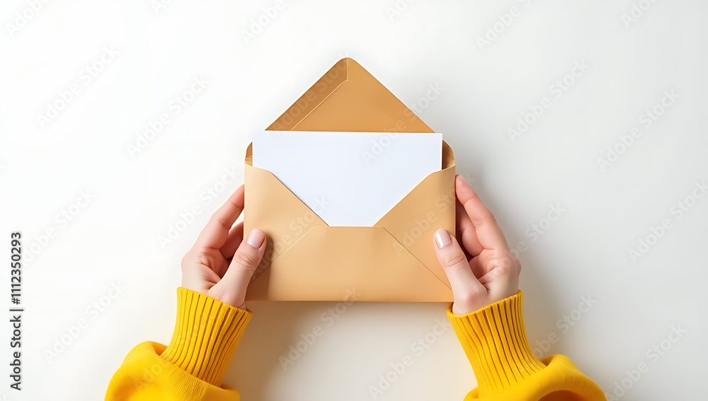 Poster hands in a bright yellow sweater hold an envelope containing a white card against a stark white back