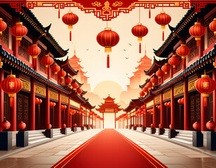 Red lanterns Chinese street scene.
