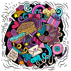 Happy Birthday vector doodles illustration. Holiday elements and objects cartoon background