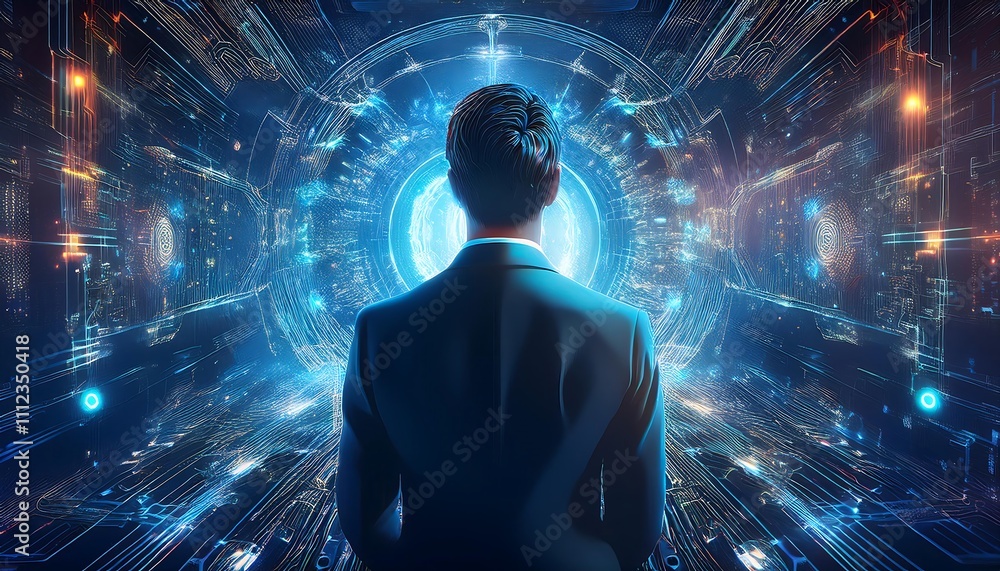 Poster an abstract background showcasing technology and digital data of the future, with business teamwork 