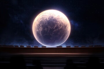 Fototapeta premium A large moon illuminates a cosmic scene with distant stars.