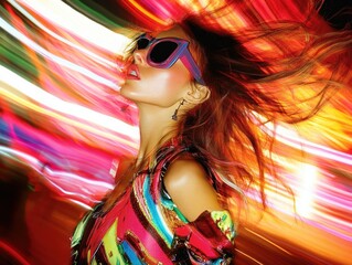 Dynamic woman with sunglasses amidst neon blur