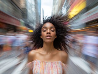 Serene woman stands among busy urban crowd