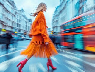 Elegant woman in orange knit over city crosswalk