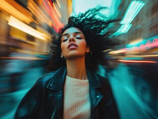 Relaxed woman in black amidst vibrant city lights