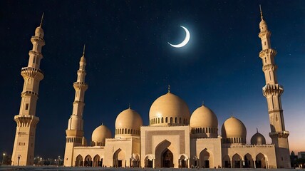 Fototapeta premium Mosque Dome Scescent Moon Star Sky Night Israa Mecca Mohammed Ramadan Isra Sheikh Ramadan Grand Uae Arab Islamic Emirates Architecture Mubarak Zayed Kareem Greeting Abu Eid Uae Masjid Ramadhan.