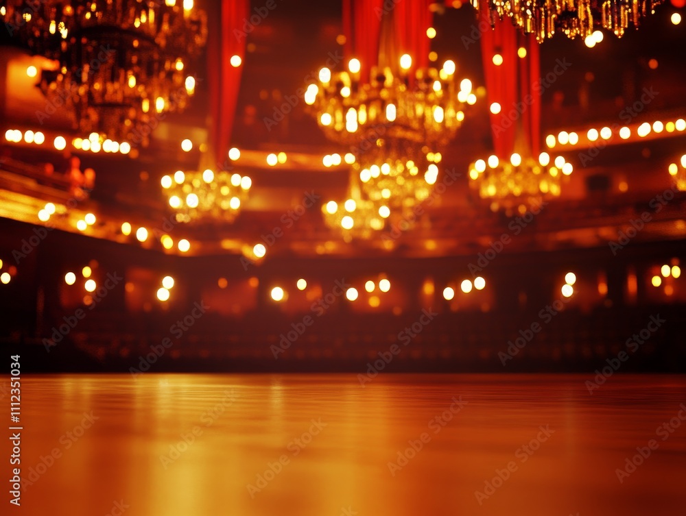 Poster a low-angle shot captures a broadway stage framed by glowing chandeliers and textured red curtains, 