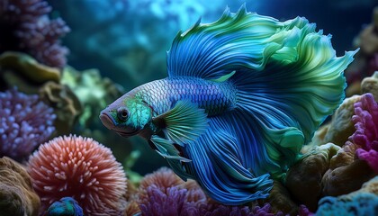 Betta fish in an aquarium with blue and green corals, creating a vibrant and colorful display.