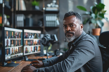 Obraz premium Man on a video call in a home office, organized workspace, bright lighting, professional vibe.
